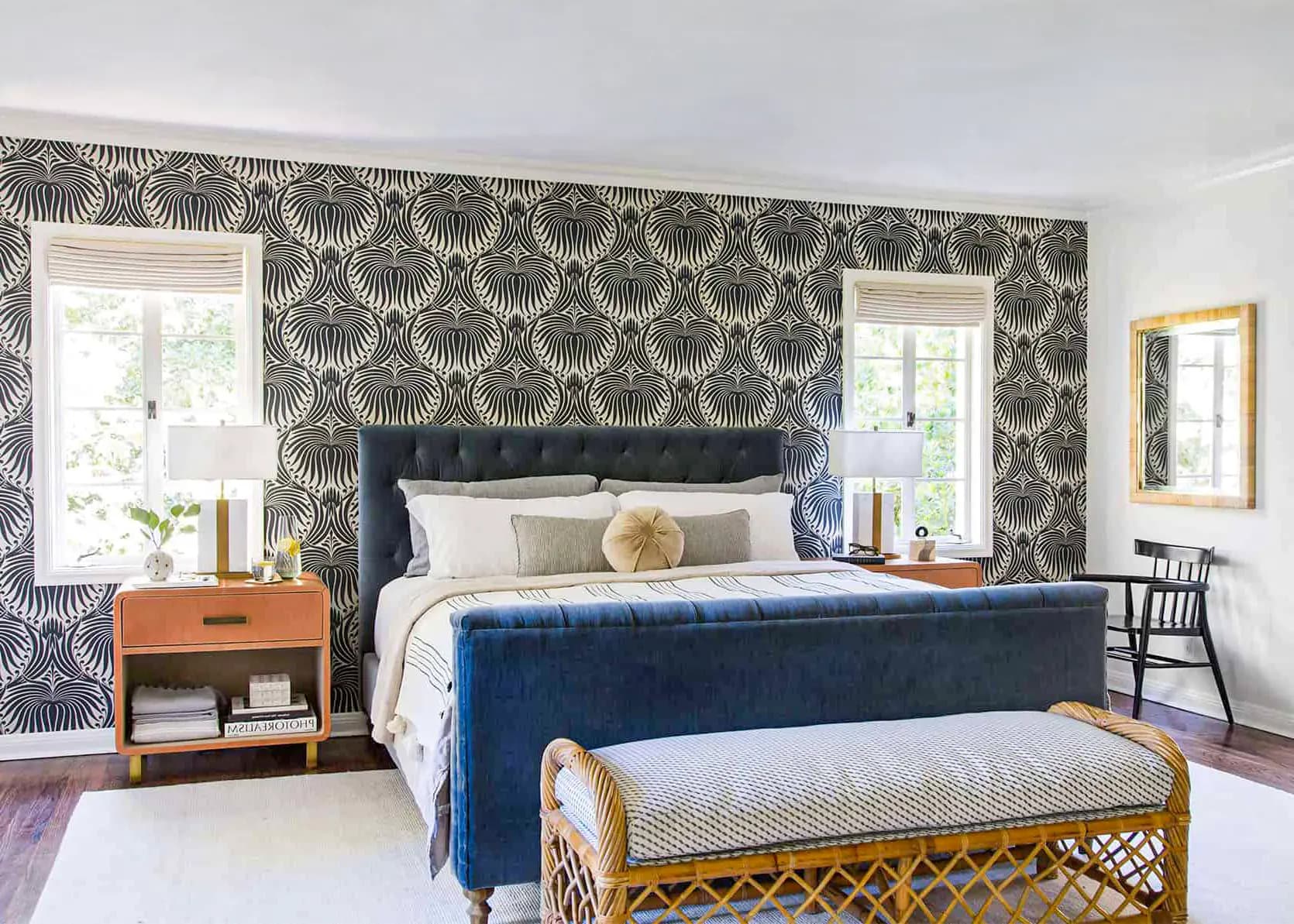 Patterned wallpaper on accent wall