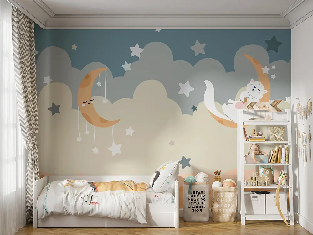 Cozy nursery room with soft pastel wallpaper and baby crib