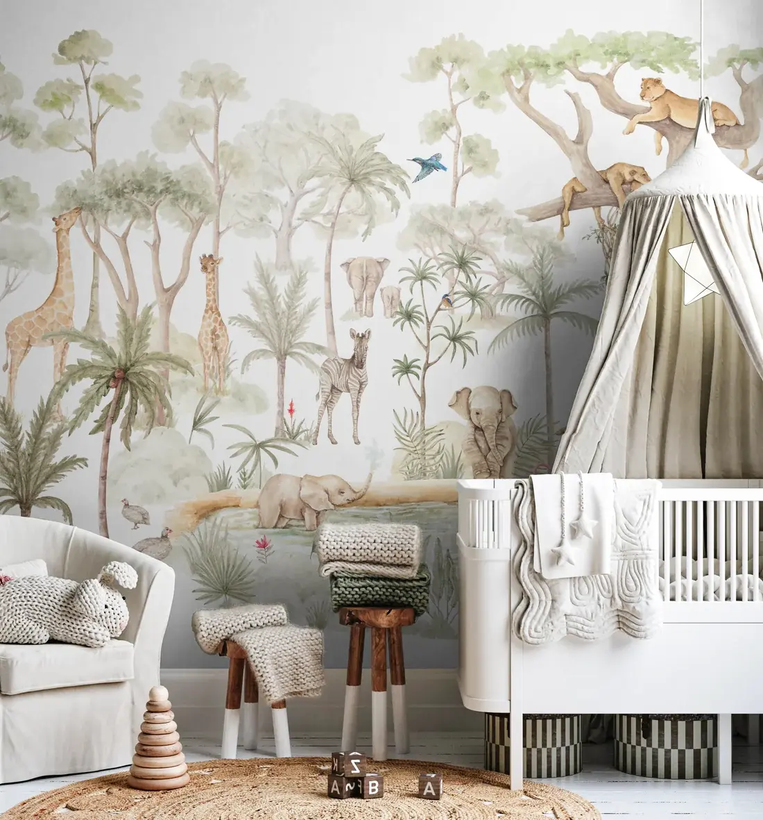 Nature-inspired wallpaper installed in bright nursery with rocking chair