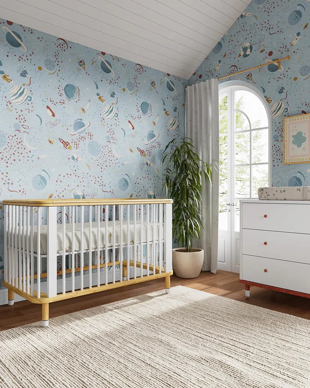 Whimsical animal wallpaper in colorful baby nursery