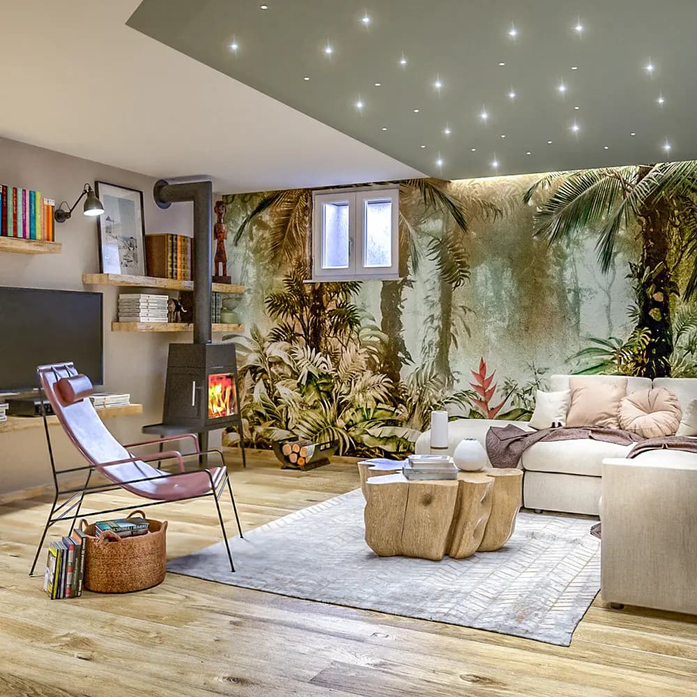 Modern finished basement with stylish wallpaper accent wall