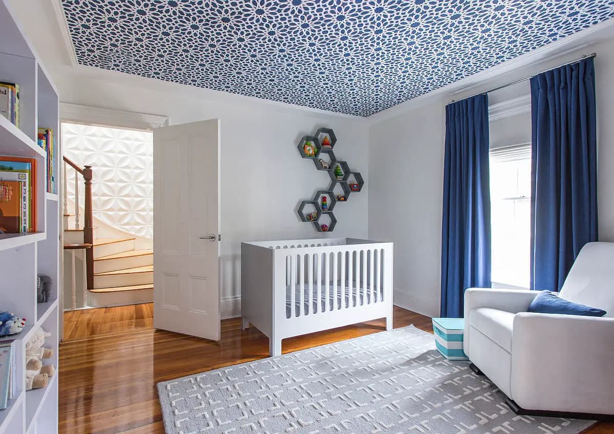 Ceiling wallpaper installed for dramatic interior style