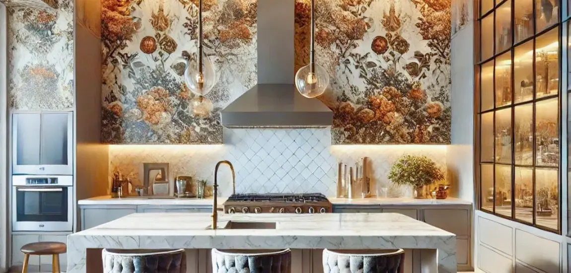 Modern kitchen with vinyl wallpaper backsplash installed in San Diego home