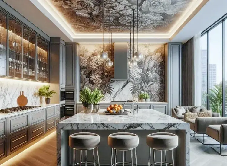 Peel and stick wallpaper applied behind stove in contemporary kitchen interior