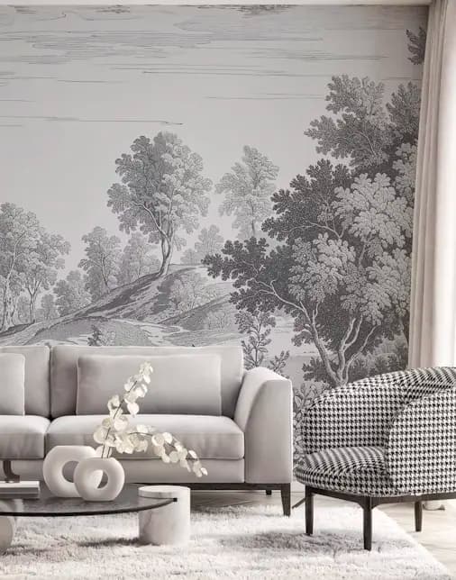 Textured wallpaper applied behind entertainment center in living room