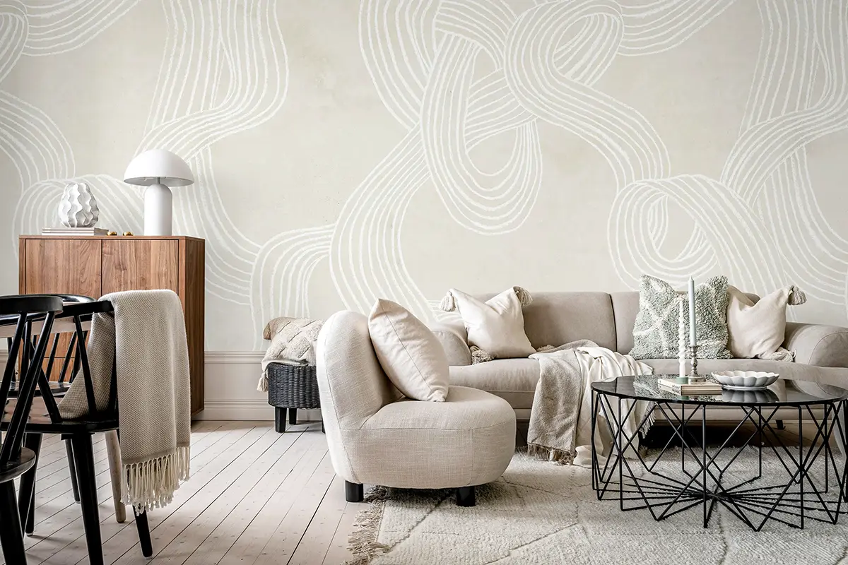 Detailed view of seamless mural wallpaper installation