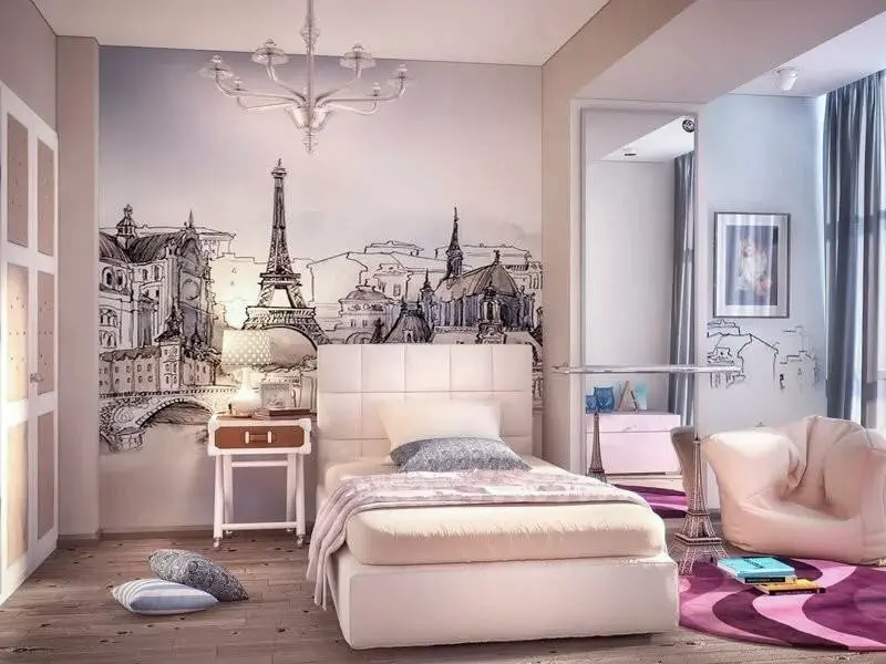Trendy graffiti-style wallpaper in a colorful teen bedroom