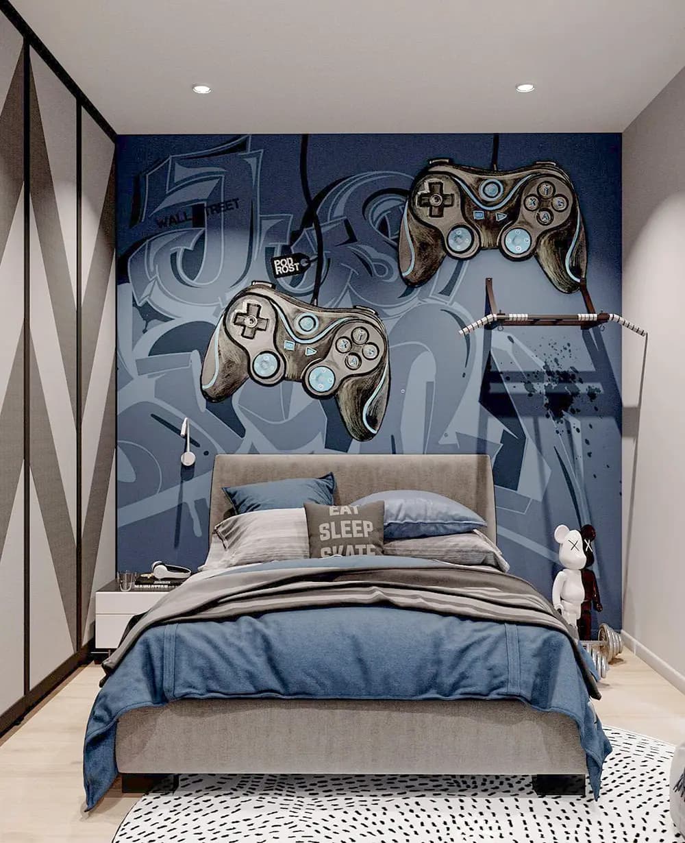 Modern teen room with stylish geometric wallpaper