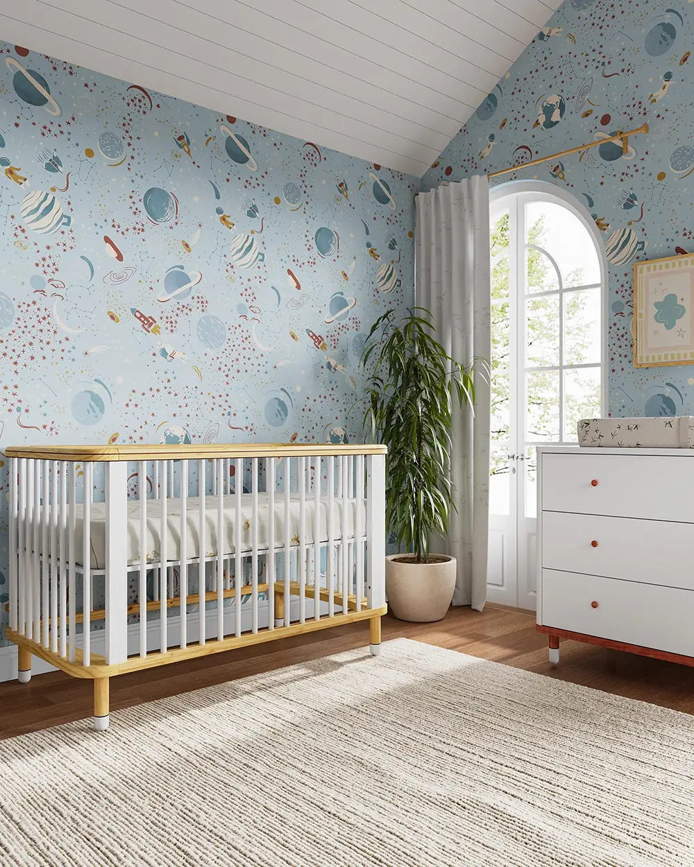 Whimsical animal wallpaper in colorful baby nursery