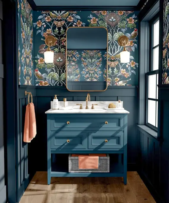 Stylish bathroom wallpaper installation showcasing modern design and moisture-resistant materials