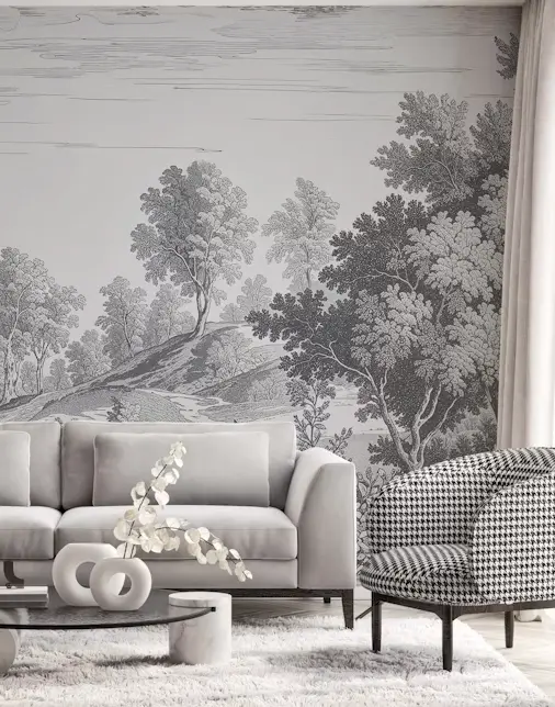 Textured wallpaper applied behind entertainment center in living room