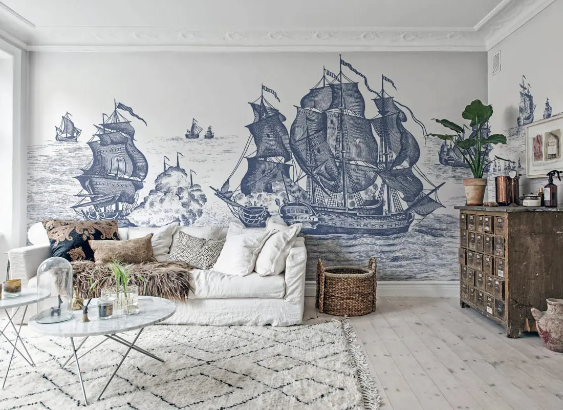 Close-up of seamless mural wallpaper joints showing professional installation quality