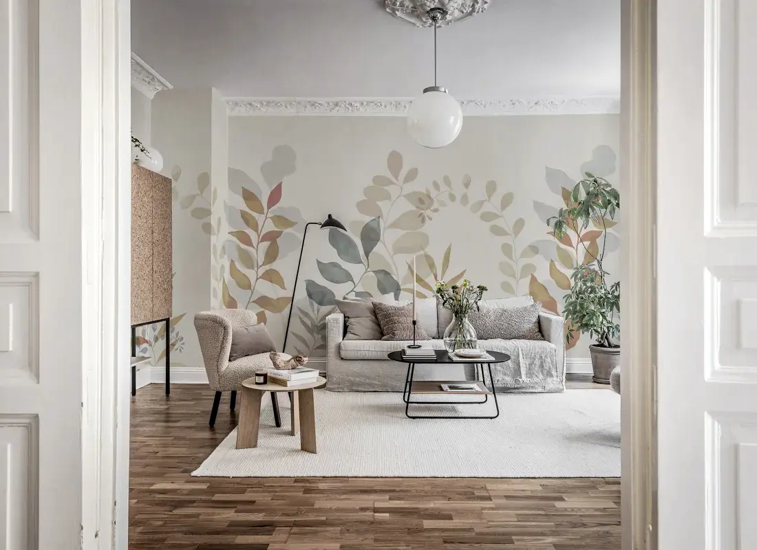 Wide mural wallpaper creating a dramatic feature wall in a luxury home interior
