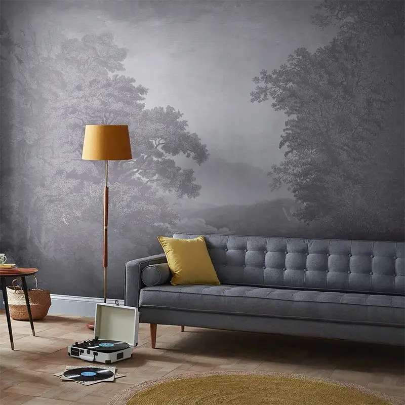 Custom mural wallpaper installed in a modern living room with panoramic cityscape design