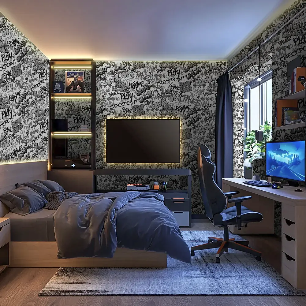 Modern teen bedroom with abstract wallpaper design